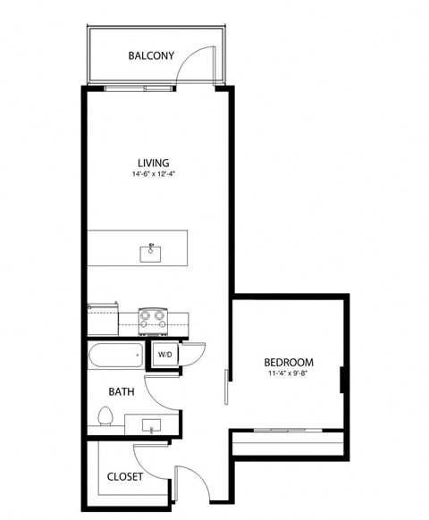 A black and white image of a floor plan for a one bedroom apartment.